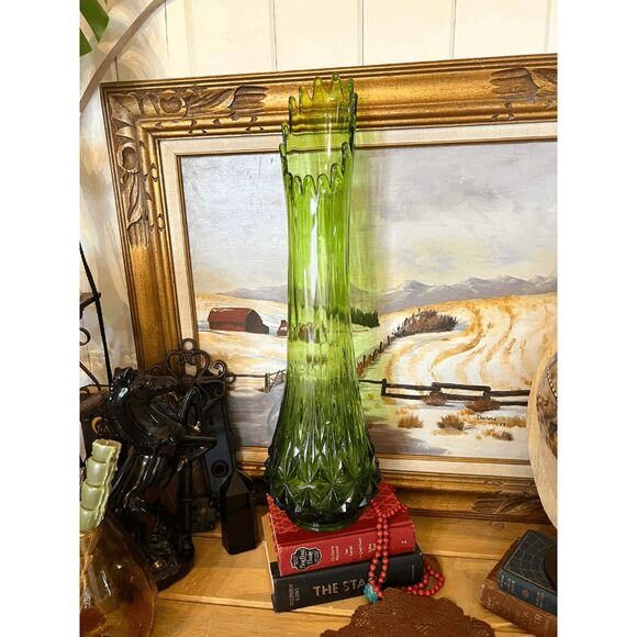 L.E. Smith Other - Vintage L.E. Smith 26" Swung Vase Diamond Butt Pattern, Olive Green Mid Century